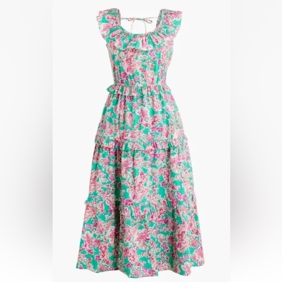 J. Crew Pink Floral Swiss Dot Ruffle Tiered Midi Dress Sz 18 - Picture 4 of 8